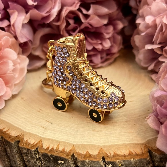 Purple and Gold Crystal Roller Skate Keychain Charm - Picture 5 of 16